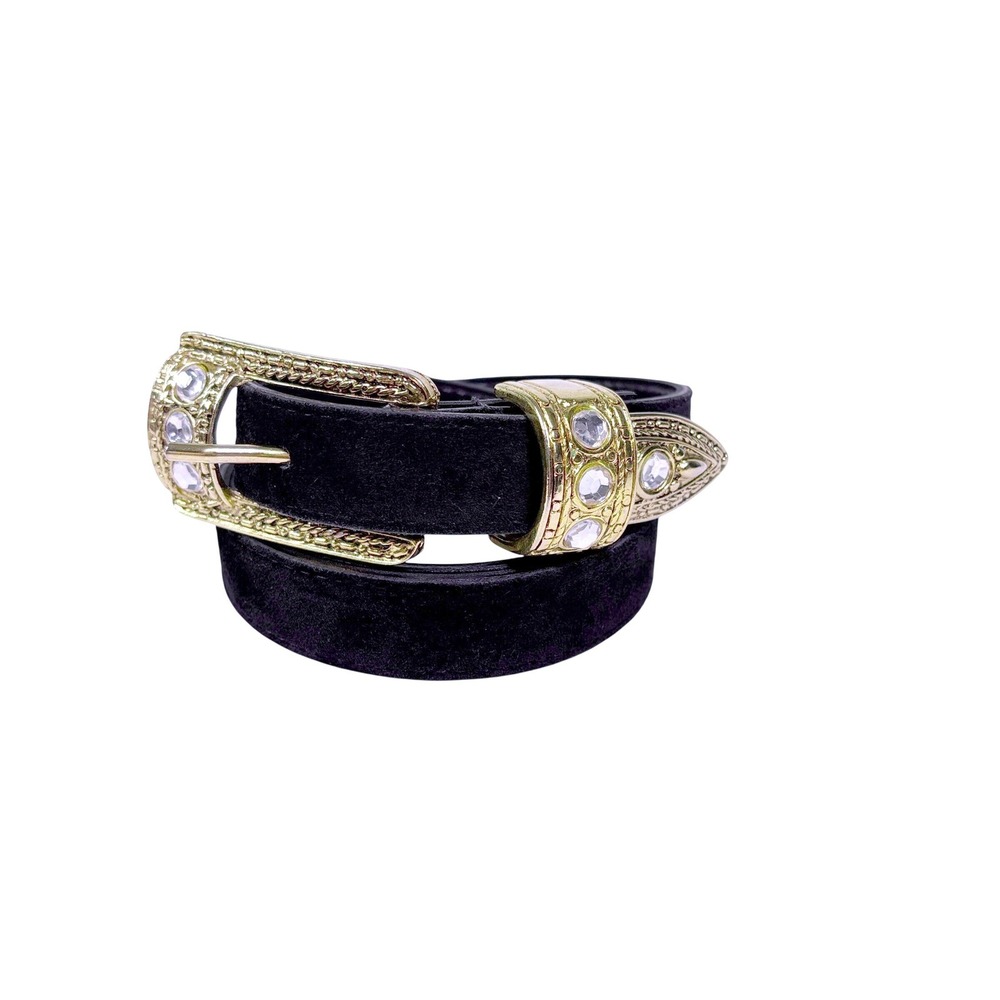 Western Belt Womens L 32 Black Rhinestone Gold Tone Suede Leather Cowgirl Vtg